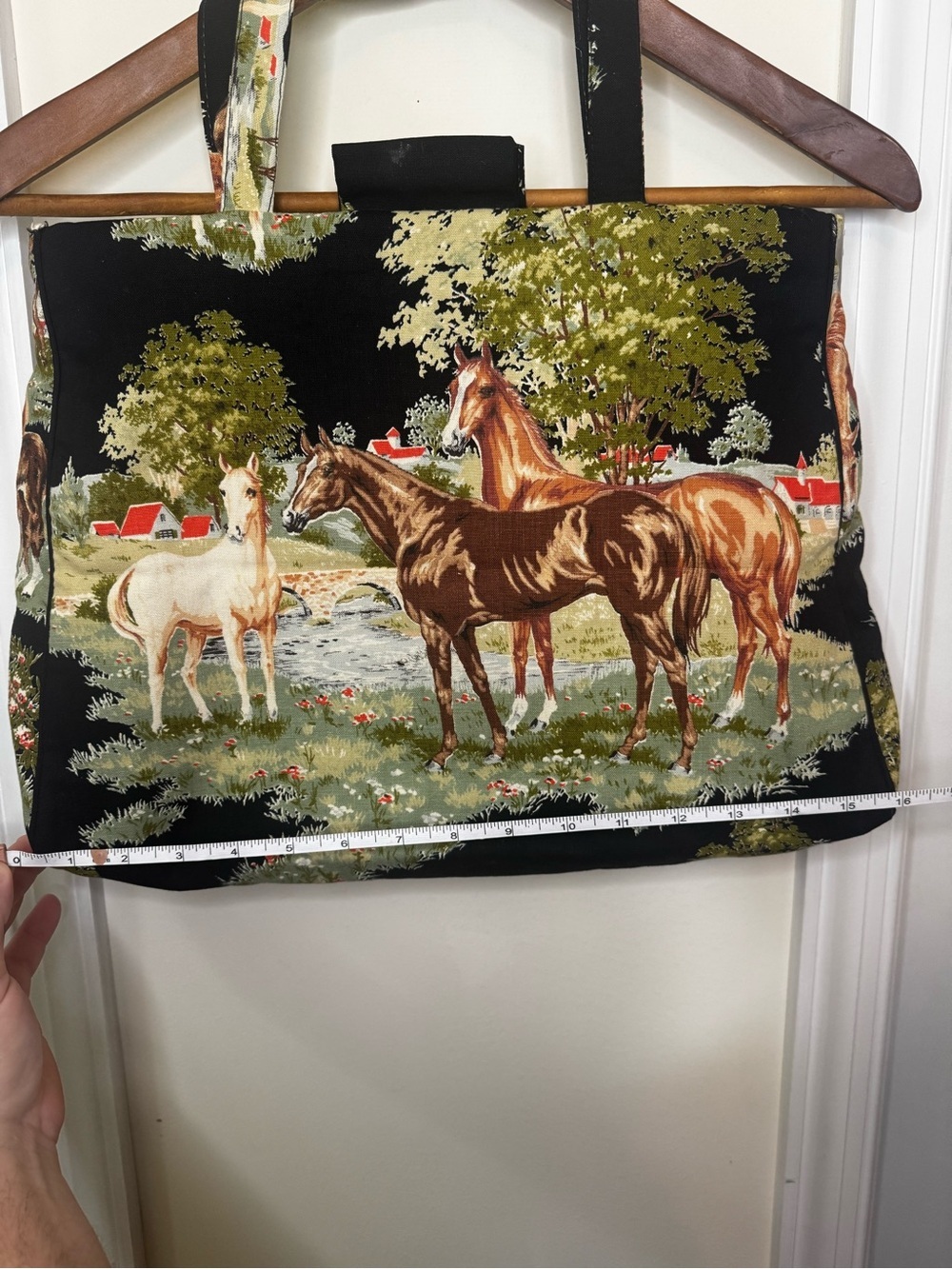 Vintage Horse Scene knitting Bag in Black and Brown - Picture 4 of 6